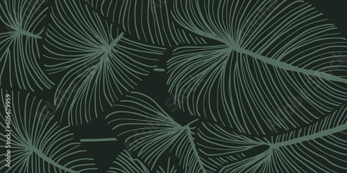 Luxury Nature green background vector. Floral pattern, Golden split-leaf Philodendron plant with monstera plant line arts, Vector illustration.