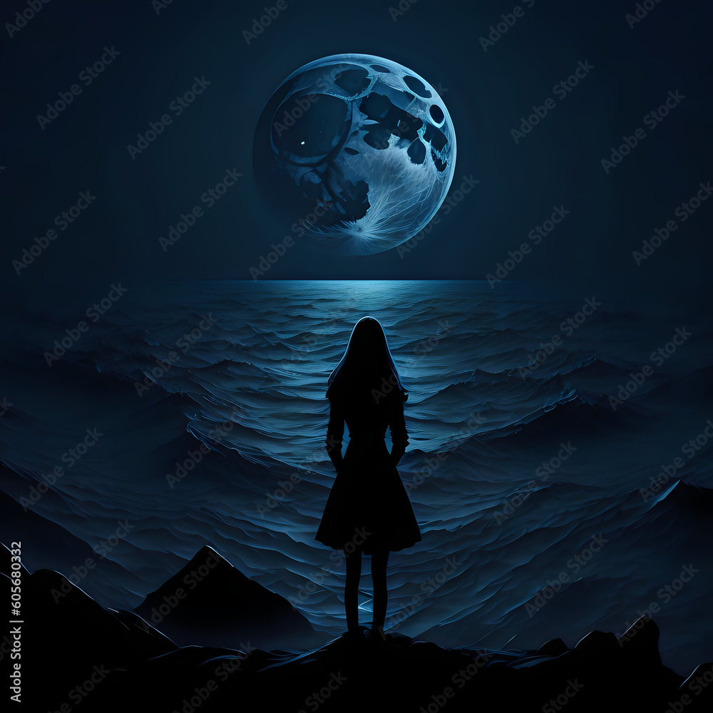 silhouette of a person on the moon, moon, night, sky, sea, - obrazy, fototapety, plakaty 