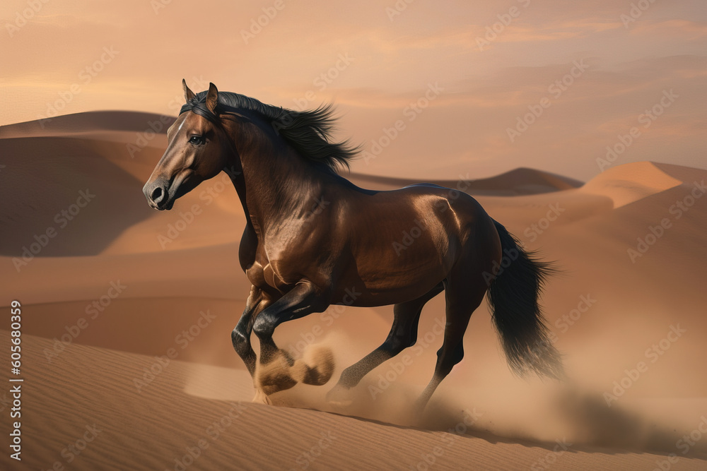 Image of a brown horse runs in the middle of the desert. Wildlife. Animals. illustration, generative AI Image of a brown horse runs in the middle of the desert. Wildlife. Animals. illustration, generative AI
