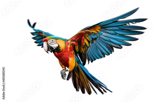 Image of beautiful colorful macaw parrot are flying on white background. Wildlife Animals. Bird. Illustration. Generative AI.
