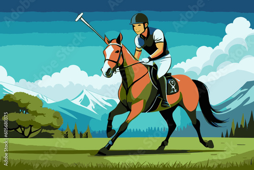 Horse polo player. Vector illustration of a horse polo player on the field.