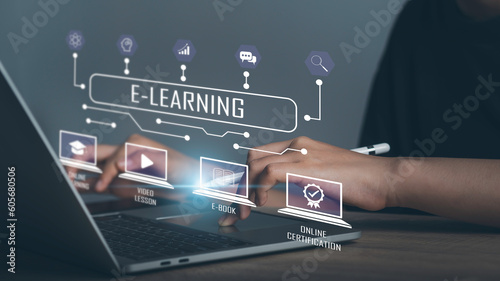 Education online course or E-learning concept. Graduate certificate coaching program Study or teaching by video, Virtual Show graduation hat, e-book icon, Digital courses develop skills thinking idea.