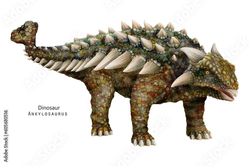 Ankylosaurus illustration. Dinosaur with spikes, horns. Green, brown dino photo