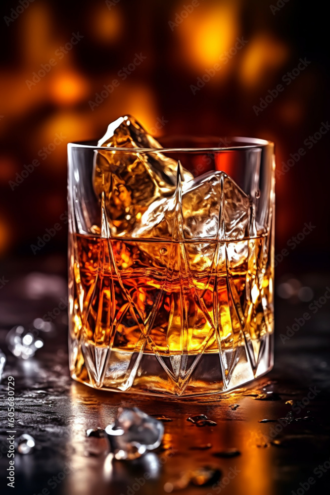Whisky. Glass of Whiskey on the rocks drink placed on a table. Ai illustration, fantasy digital painting, Generative AI