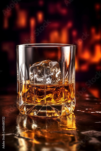 Whisky. Glass of Whiskey on the rocks drink placed on a table. Ai illustration, fantasy digital painting, Generative AI