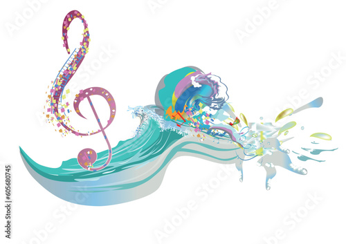 Abstract musical design with a treble clef and colorful splashes, notes and waves.  Colorful treble clef. Hand drawn vector illustration. © Anna Laifalight