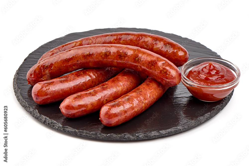 Grilled pork sausages, isolated on white background. Grilled pork sausages, isolated on white background.