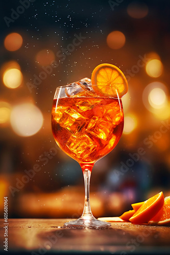 Glass of ice cold Aperol spritz cocktail served in a wine glass, decorated with slices of orange  placed on a table. Ai illustration, fantasy digital painting, Generative AI © PaulSat