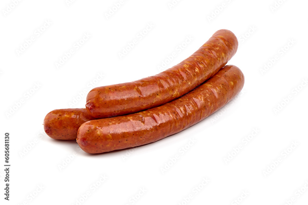 smoked sausages isolated on white background. smoked sausages isolated on white background.