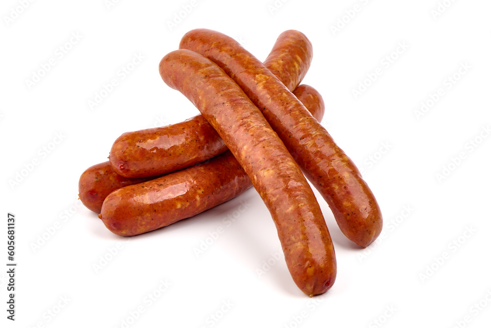Smoked pork sausages made from minced meat isolated on white background. Smoked pork sausages made from minced meat isolated on white background.