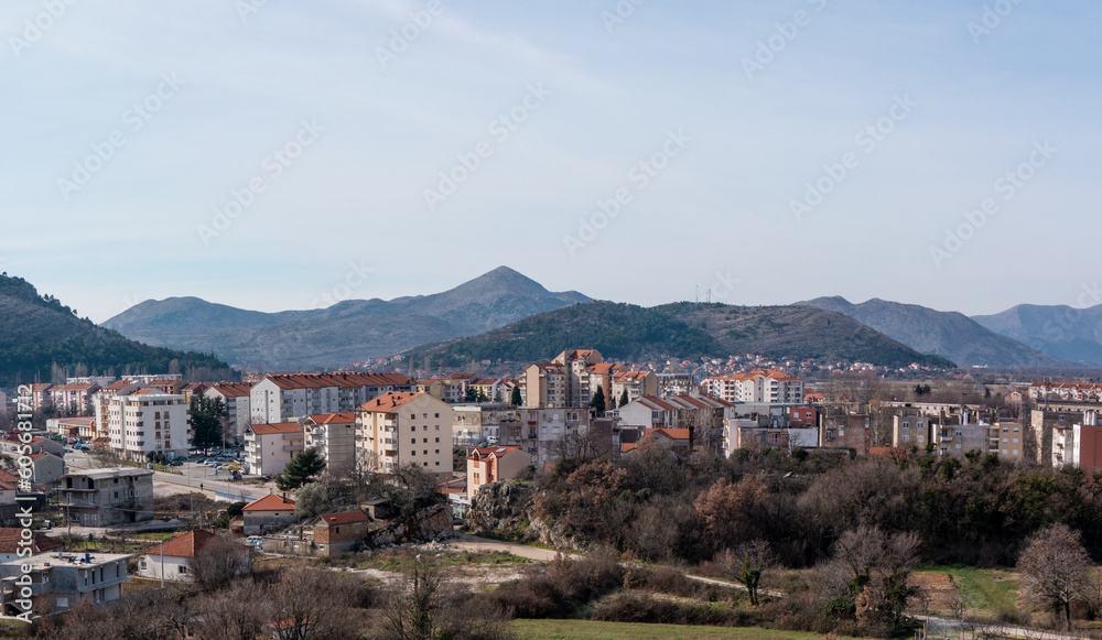 Trebinje town panorama with rocky mountains at background