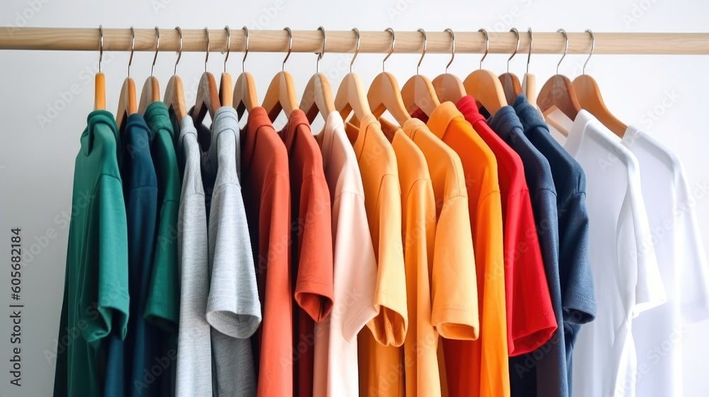 Visualize a close-up view of a collection of colorful t-shirts on wooden hangers in a closet, contrasted against a white background. Room for your ideas, created by AI
Visualize a close-up view of a collection of colorful t-shirts on wooden hangers in a closet, contrasted against a white background. Room for your ideas, created by AI