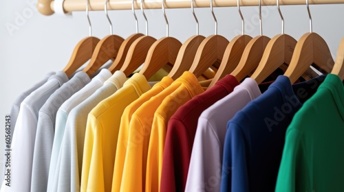 Experience a close-up collection of vibrant t-shirts hung on wooden hangers, set against a white backdrop. Ideal for displaying your concept, a creation of AI