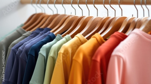 Admire a close-up assortment of colorful t-shirts on wooden clothes hangers, contrasting with a white background. Perfect space for your imagination, curated by AI