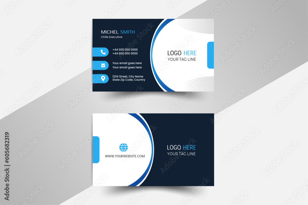 Modern business card design template. Abstract dark blue business card design with gray shade. Vector illustration
