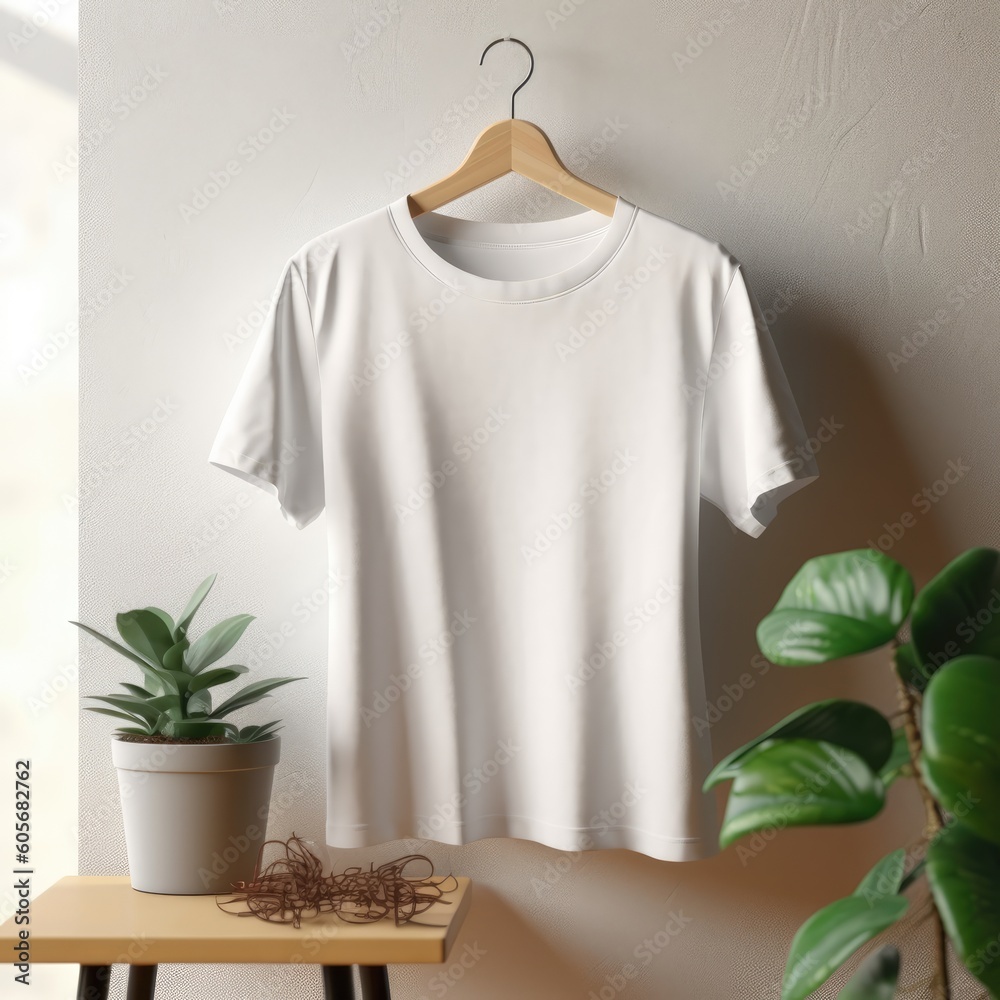 Visualize a detailed mockup of a white tee shirt on a hanger, nestled within a modern closet interior. An exemplification of sleek style, made by AI
Visualize a detailed mockup of a white tee shirt on a hanger, nestled within a modern closet interior. An exemplification of sleek style, made by AI