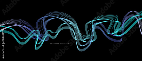 Dynamic flowing wavy abstract light line vector in blue green color isolated on black background for tech concepts AI, digital, communication, 5G, science, music