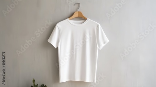 Admire a detailed mockup of a white tee shirt hanging in a modern closet interior. An embodiment of contemporary style, an AI creation

