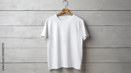 Experience a white tee shirt on a hanger in a mockup detailed display, located in a modern closet interior. A symbol of chic design, curated by AI photo