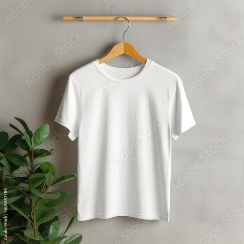 Visualize a detailed mockup of a white tee shirt on a hanger, nestled within a modern closet interior. An exemplification of sleek style, made by AI