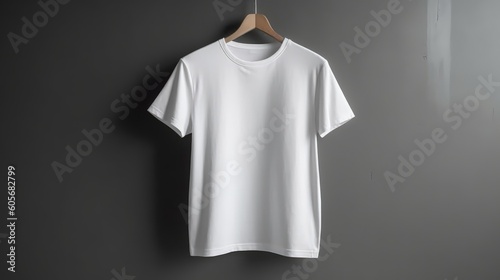 Imagine a white tee shirt on a hanger mockup, detailed to perfection, set in a modern closet interior. A representation of minimalist fashion, designed by AI

