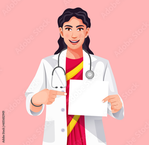 Front view blissful female doctor pointing at blank signboard on isolated background. Holding placard for advertising banner, good poster for ad, offer or announcement, or paper billboard.
