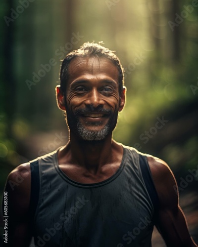 Smiling Middle-Aged Man Trail Running in the Woods Hiking Photorealistic Portrait Illustration [Generative AI]