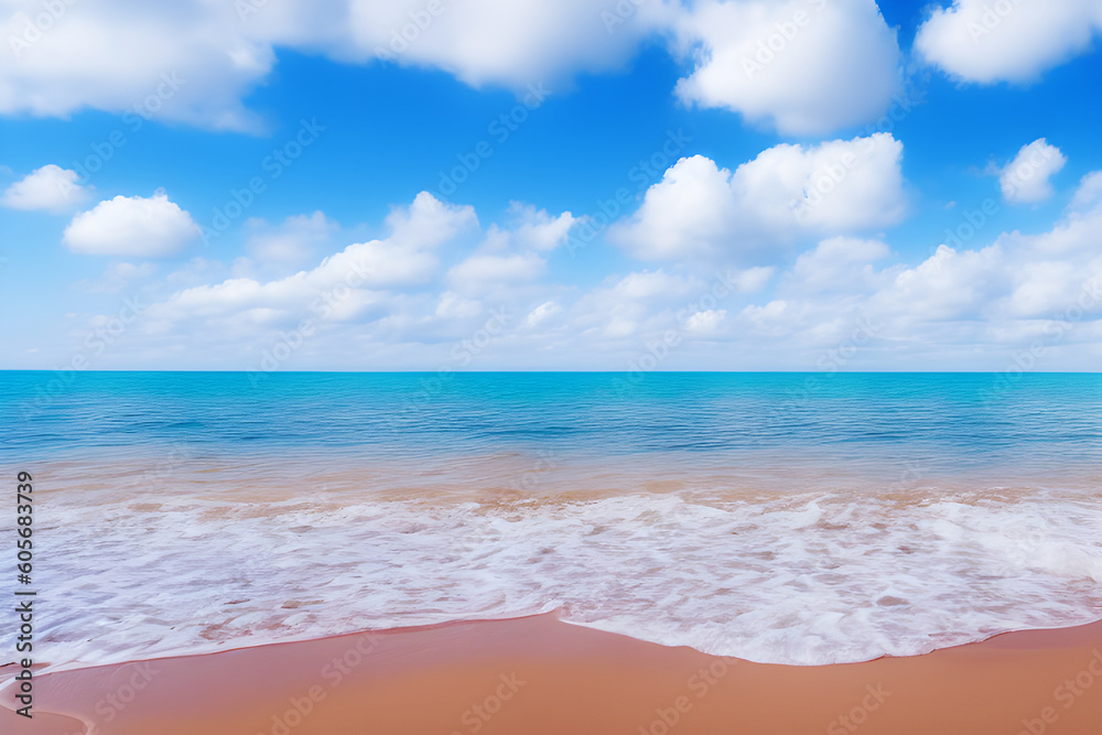 Landscape, summer tropical beach. Azure sea, ocean, surf, blue sky with cumulus clouds, ,sand. Design concept for travel, family vacation. Natural beach background. Illustration. Generative AI