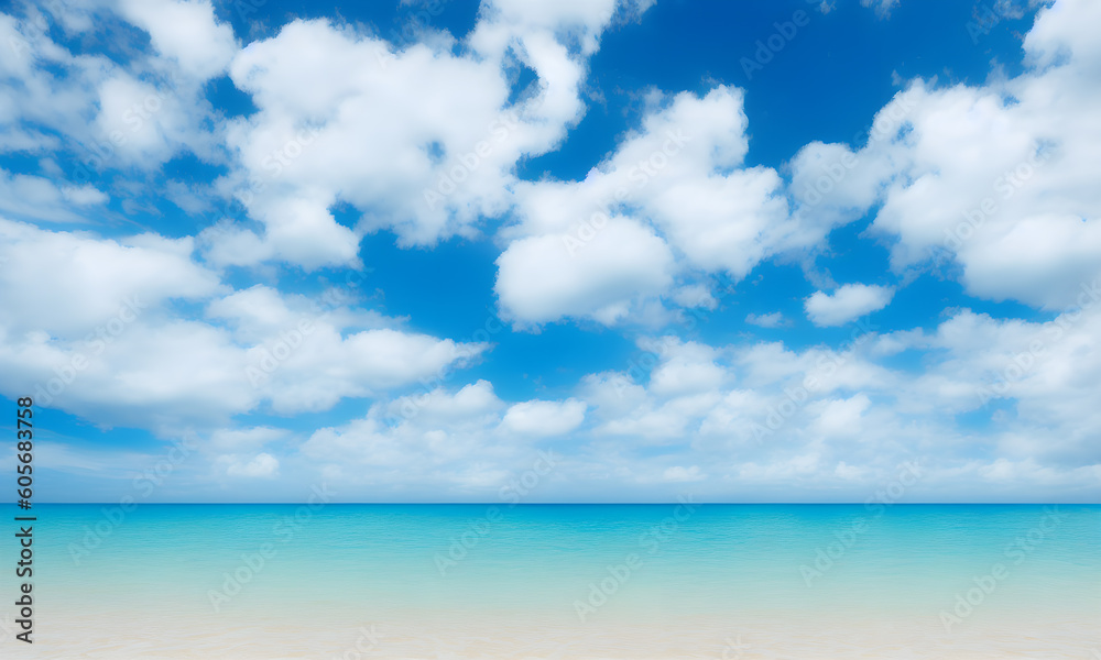 Landscape with summer tropical beach. Azure sea, ocean, blue sky with cumulus clouds. Design concept for travel, family vacation. Great natural beach background. Illustration. Generative AI