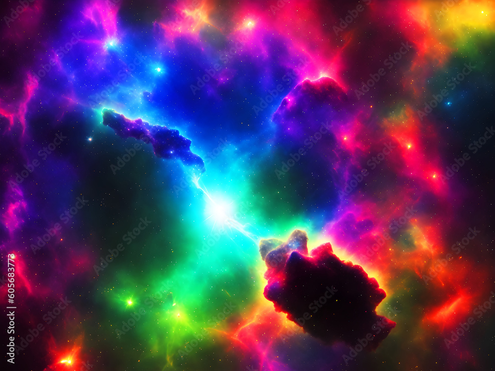 Colorful nebula. Deep space. Bright star. Beautiful fantasy multicolor universe. Dust clouds. Outer space background with vibrant nebula, stars, wallpaper. Illustration. Generative AI