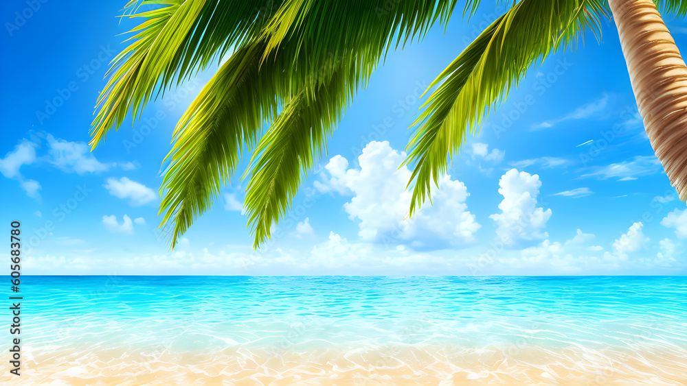 Landscape with summer tropical beach. Azure sea, ocean, blue sky with cumulus clouds, palm trees, warm sand. Design concept for travel, family vacation. Great natural background. Generative AI