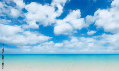 Landscape with summer tropical beach. Azure sea, ocean, blue sky with cumulus clouds. Design concept for travel, family vacation. Great natural beach background. Illustration. Generative AI