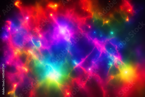 Colorful nebula. Deep space. Bright stars. Beautiful fantasy multicolor universe. Outer space background with vibrant nebula  stars  wallpaper. Illustration. Generative AI