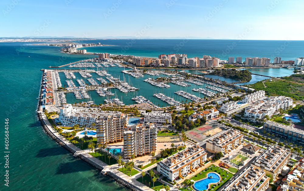 Fototapeta premium Aerial view of marina in the spanish town of La Manga