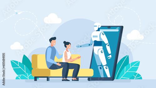 Chat bot on a smartphone. Chatbot AI and customer service concept. Young couple talking with chatbot. Virtual assistant to get help, ask a question get an answer. Customer support. Vector illustration