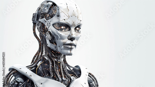 The face of a humanoid robot on an isolated background and close-up. Generative AI