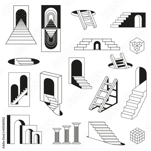 Abstract ladder with steps exit entrance door hatch monochrome line black isometric set vector