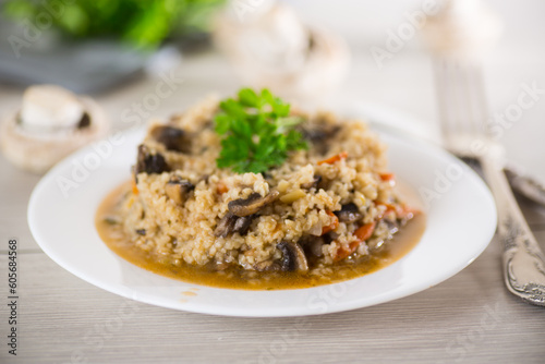 cooked bulgur with mushrooms, carrots and vegetables in a plate