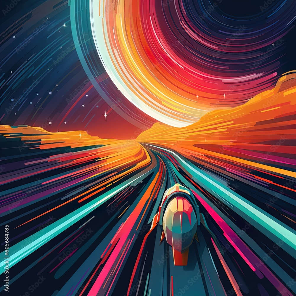 Abstract and vibrant visual of rocket travelling at lightspeed in outer ...