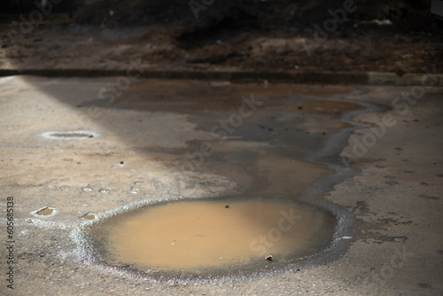 Puddle in sun. Dirty water. Puddle in road.