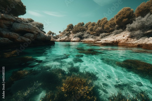 Turquoise waters surround Cala Benirras on the island of Ibiza, Spain. Generative AI