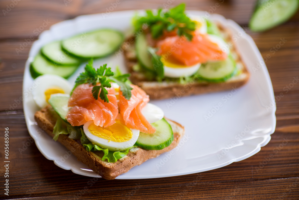 fried toast with lettuce, egg, cucumbers and red fish in a plate.