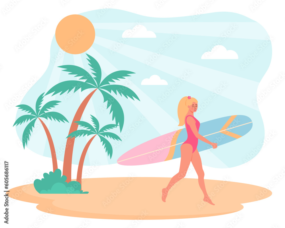 Woman in swimsuit with surfboard walking on the beach.Tropical palms are near her. Summertime, active sport, surfing, vacation concept. Flat cartoon vector illustration.