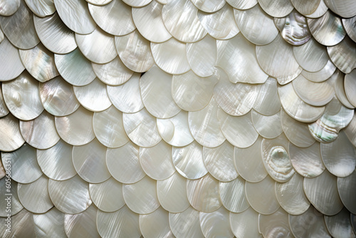 Background of many mother-of-pearl parts of oyster shells. Generative AI. photo