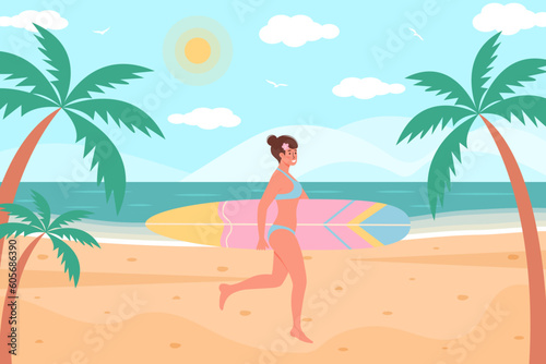 Woman in swimsuit with surfboard walking on the beach. Tropical palms around. Summertime, seascape, active sport, surfing, vacation concept. Flat cartoon vector illustration.