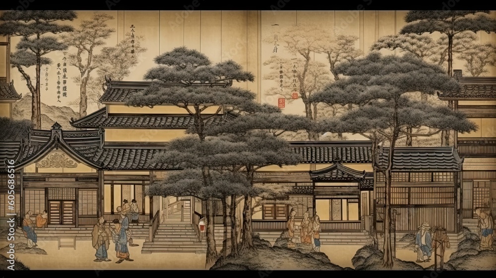 Traditional Japanese Ukiyo-e abstract Elegant Modern AI-generated illustration of a flat Asian mansion.