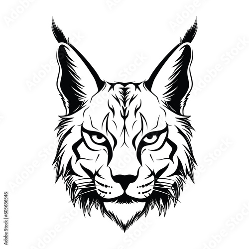 Wild lynx face, black and white vector design, isolated on white background.