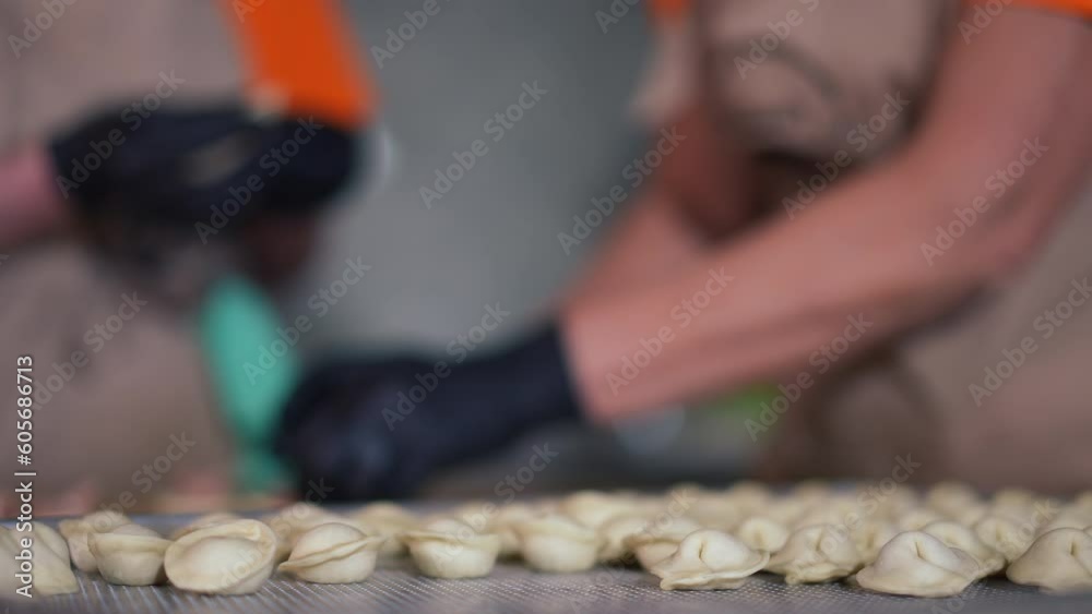 Close-up raw ravioli on table in cafe with two blurred Caucasian women making food at background. Semi-finished meat dumplings in industrial kitchen of restaurant with cooks preparing food Close-up raw ravioli on table in cafe with two blurred Caucasian women making food at background. Semi-finished meat dumplings in industrial kitchen of restaurant with cooks preparing food