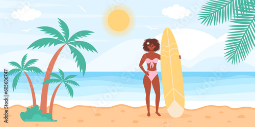 Fototapeta Naklejka Na Ścianę i Meble -  African woman in swimsuit with surfboard on the beach. Seascape with tropical palms. Summertime, active sport, surfing, vacation concept. Flat cartoon vector illustration.