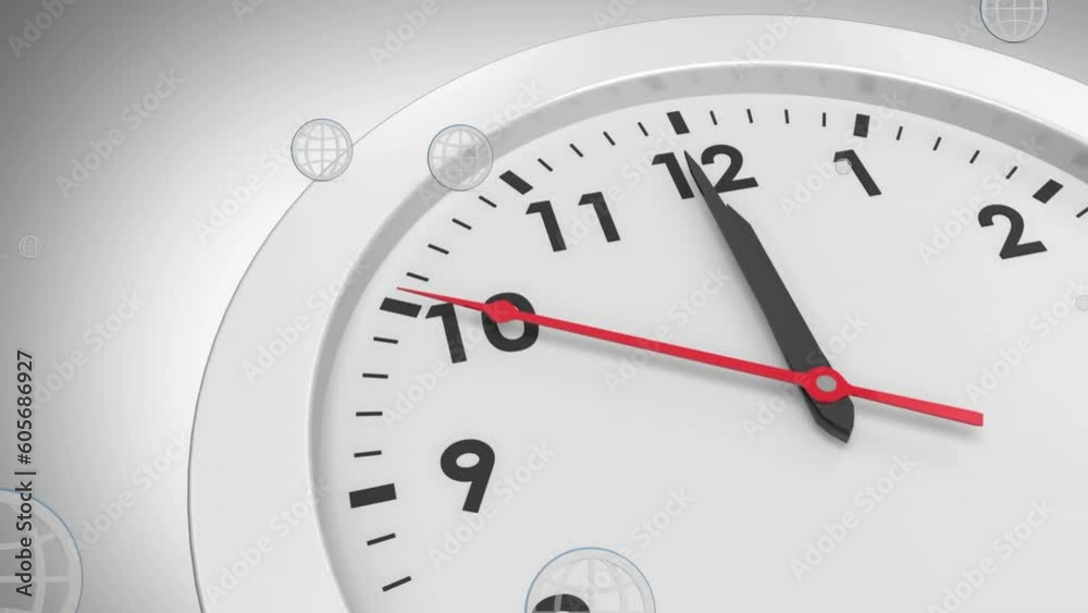 Animation of floating globe icons over white clock against gradient background Animation of floating globe icons over white clock against gradient background